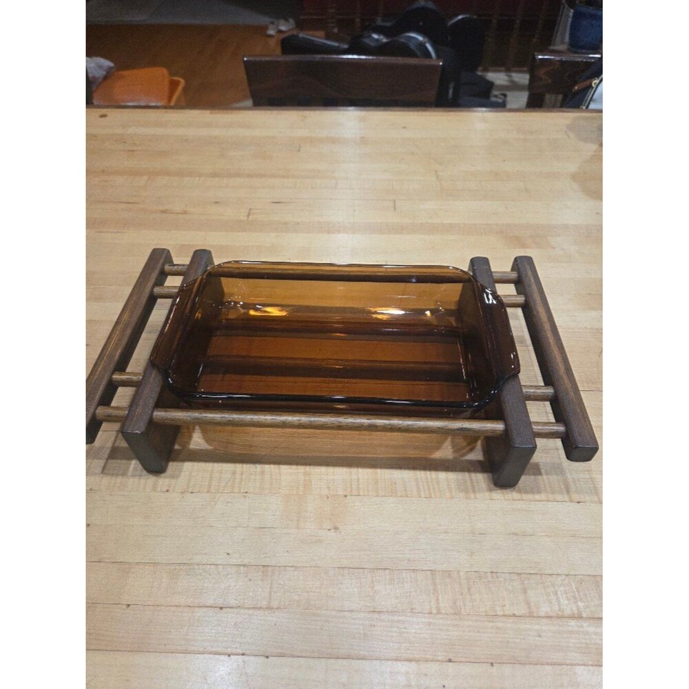 Vintage Fire King Amber Glass Baking Dish with Wood Cradle Carrier Trivet 11x7